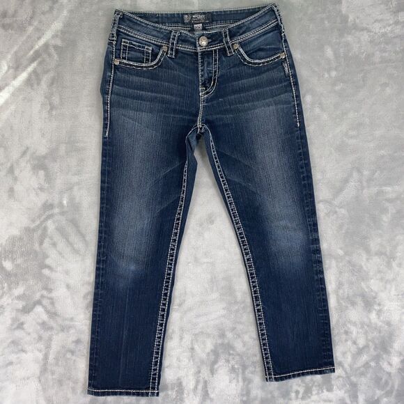 Silver Jeans Women's W28 Suki Dark Wash Thick Stitch Embroidered Straight Leg - Picture 3 of 9